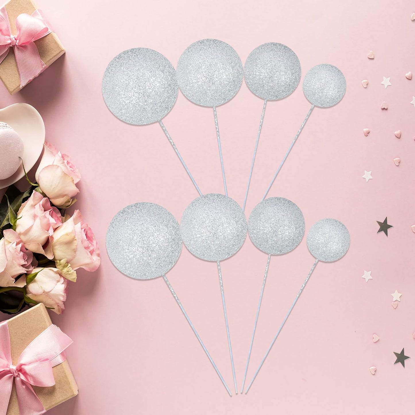 30Pcs Balls Cake Topper Glitter Foam Ball Cake Picks Mini Balloon Cupcake Insert Bubble Balls DIY Decoration for Baby Shower Wedding Anniversary Kids Birthday Graduation Party Cake Decorations Silver