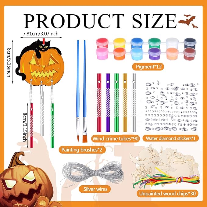 JellyArch 30 Pack Halloween Wind Chime Making Kit for Adults Make Your Own Halloween Wind Chime Ghost Pumpkin Bats DIY Crafts Wooden Ornaments for Activity Birthday Decoration