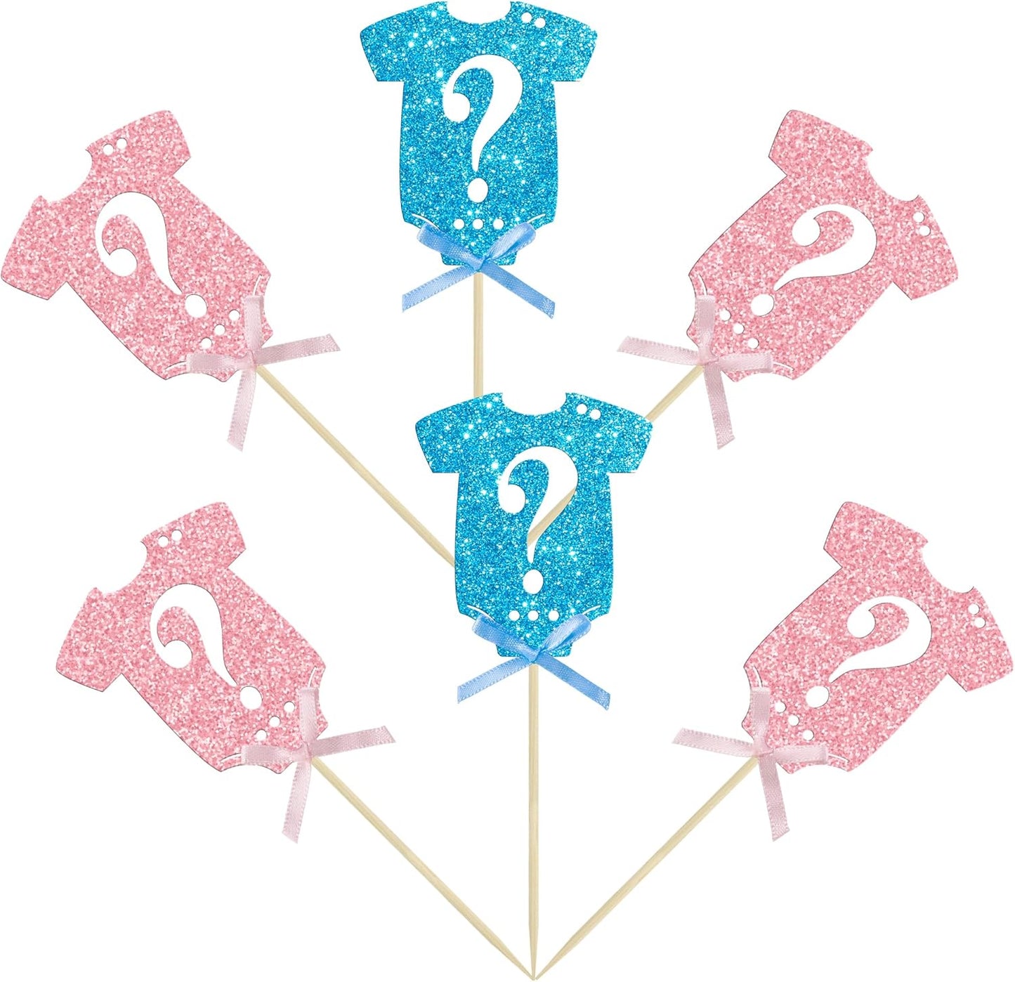 Ephlyn 24Pcs Gender Reveal Cupcake Toppers Glitter Pink Blue Bow Onesie Question Mark Boy or Girl Cake Topper Decorations for Baby Shower Theme Gender Reveal Kids Birthday Party Supplies Blue Pink