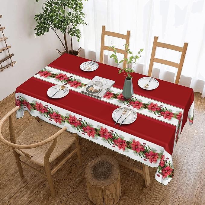 YCness Christmas Winter Tablecloth, Red Abstract Grid Red Fruit Snowflakes Table Cover for Living Room Home Kitchen Party Dinner 60x110 Inch