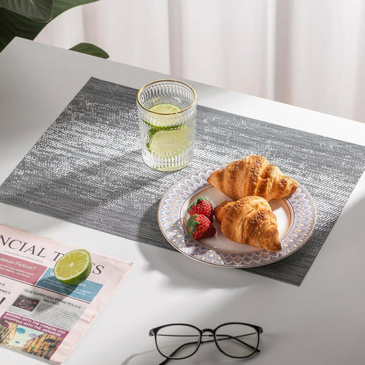 LEXMORE Placemats Set of 6 Vinyl/Plastic Woven Place Mats for Kitchen Table Indoor/Outdoor Washable Placemat Wipeable Dining Table Mats(Ombre Gray)