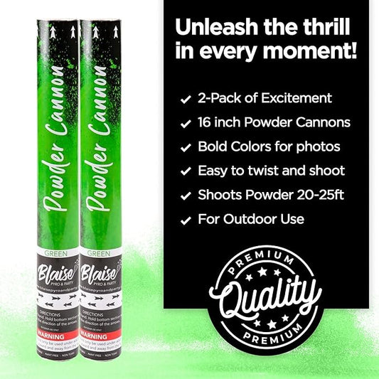 Blaise Pyro & Party Powder Poppers - Colorful Cannons for Birthdays, Weddings, Anniversaries, & More – Designed to Break Down Naturally, Easy to Use for Photoshoots & Celebrations - 16", 2 Pack, Green