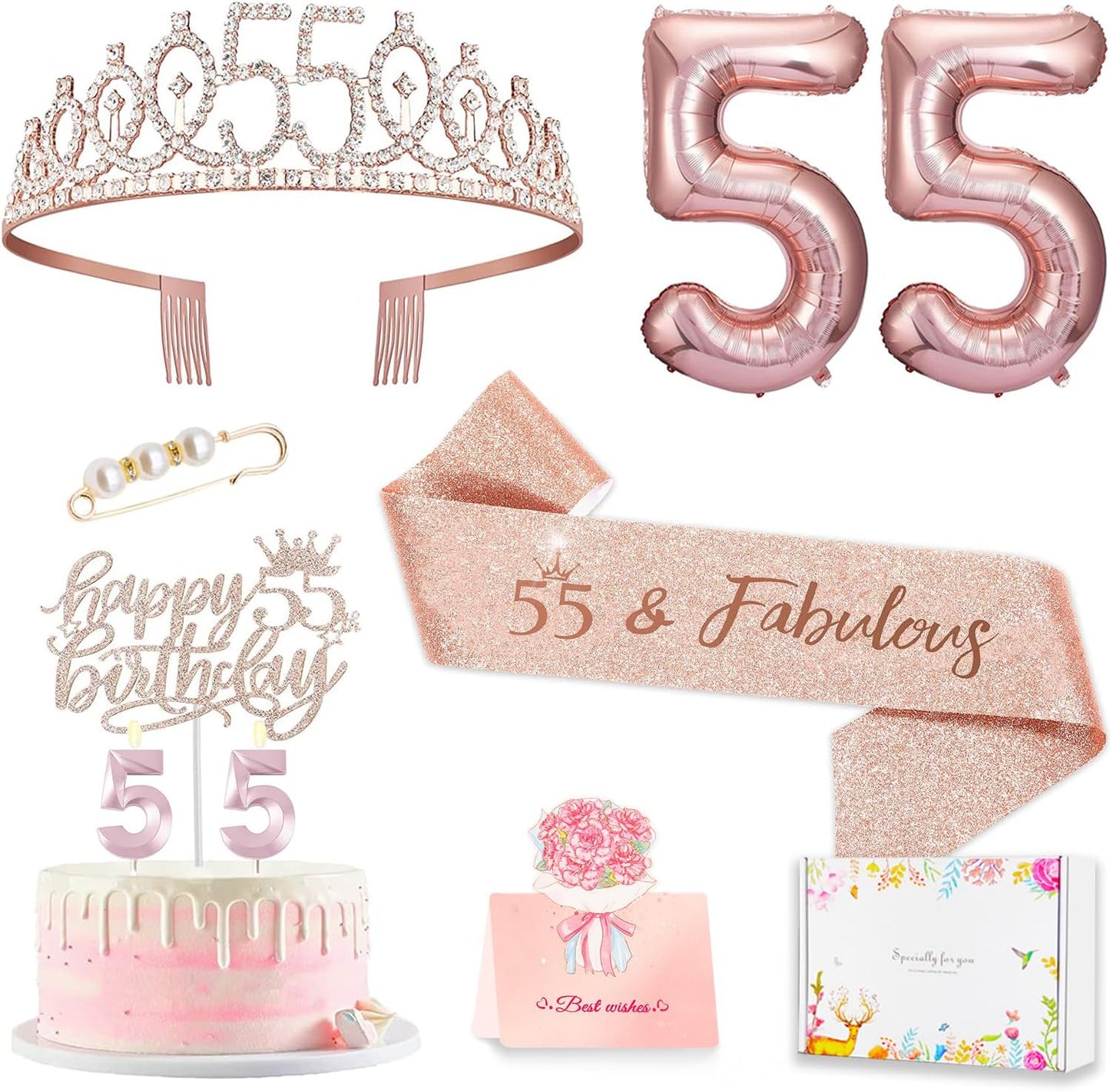55th Birthday Decorations for Women, 55th Birthday Sash and Crown, Cake Topper, Number Candles and Balloons,, 55 Year Old Gifts for Women
