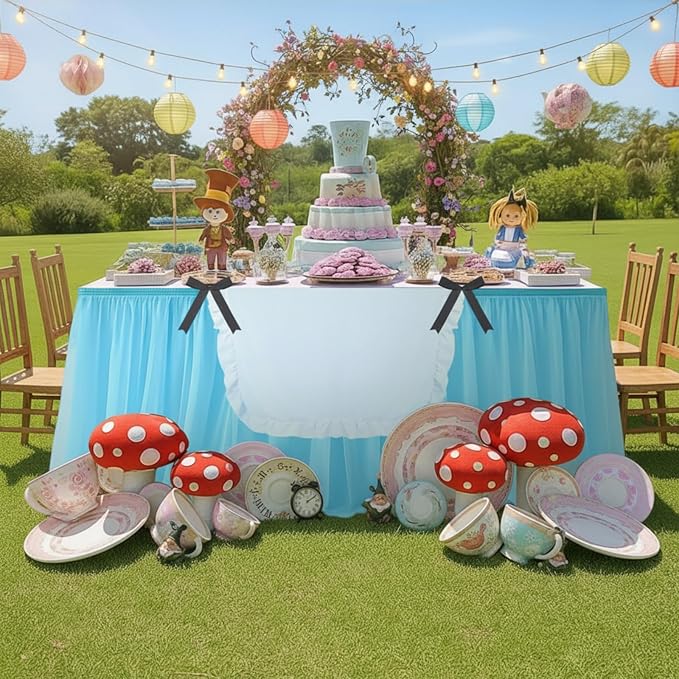 5 Pcs Wonderland Party Decorations Wonderland Table Cloth Blue Mesh Table Group, White Tablecloth Black Bow for Tea Party Celebrations Hatter Birthday Mother's Day