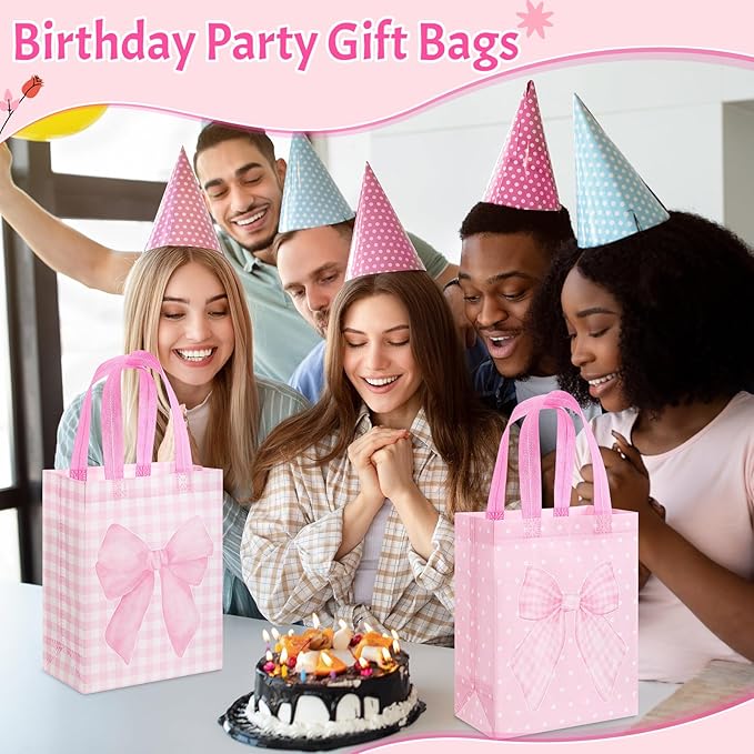 Wovnet 30 Pcs Pink Bow Gift Bags Reusable Non Woven Party Favor Bag Coquette Bow Goodie Treat Bags with Handle for Girls Wedding Bridal Shower Tea Party Birthday 10 x 8 x 4in