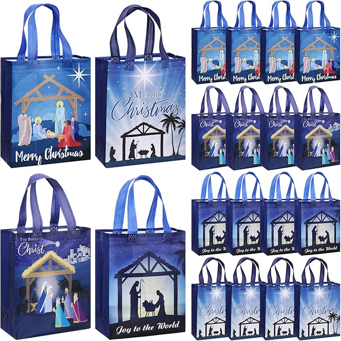 Wesnoy 24 Pcs Christmas Nativity Bags Bulk 10 x 8 x 4 Inch Christmas Jesus Non Woven Gift Bags with Handles Holy Night Religious Decoration Gift Packaging Reusable Christian Supplies for Xmas