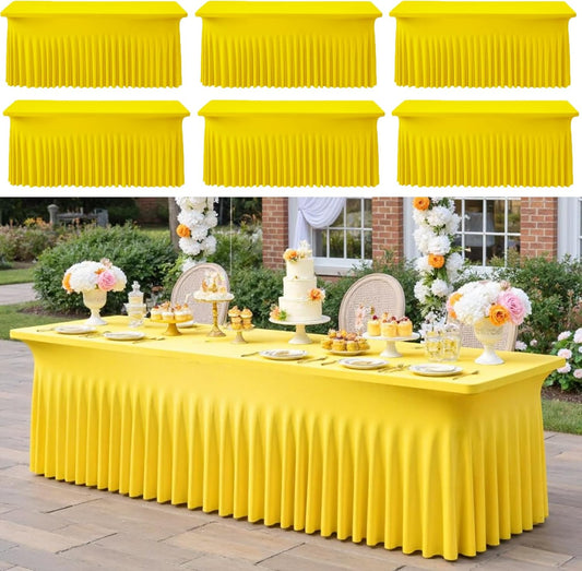 6pk Yellow Spandex Tablecloths 6ft for Rectangle Tables, Wrinkle Free Classy Table Skirt Stretchy Fitted Table Cloths Covers 6 Foot for Weddings Birthday Party Events Banquette Baby Shower