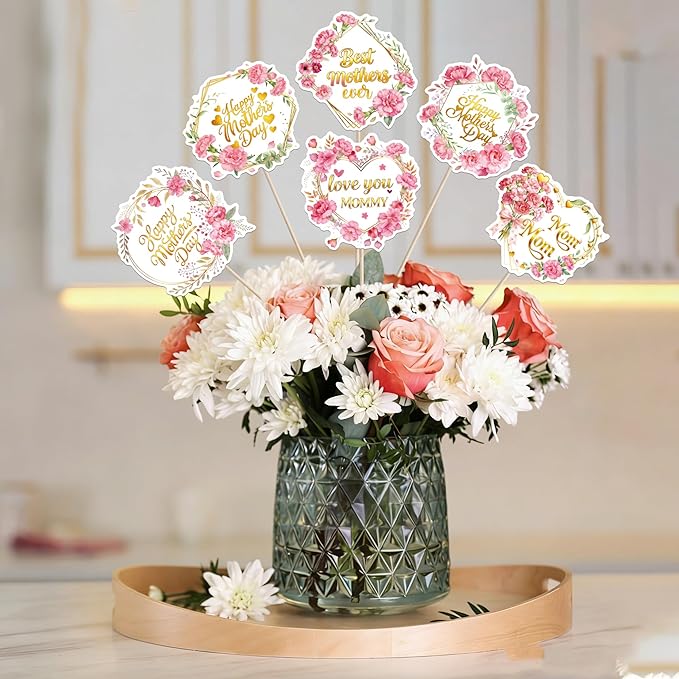 18 PCS Happy Mother's Day Centerpiece Sticks Double Sided Rose Flowers Love Mom Table Centerpieces Best Mom Floral Decorations for Happy Mother's Day Theme Women Birthday Party Centerpieces Supplies