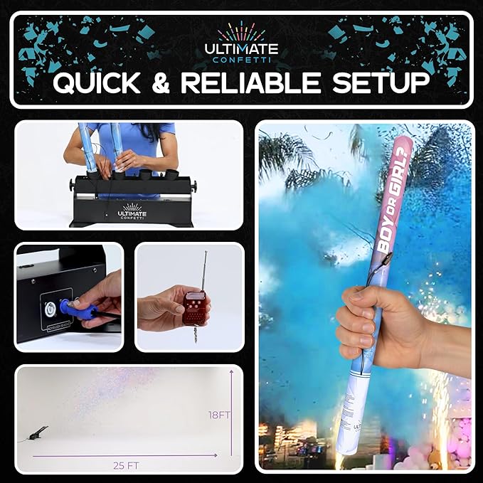 Ultimate Confetti - Electric Powder + Confetti Popper Cannon Cartridge 24” Blue - Pre-Filled and Leak-Resistant Gender Reveal Poppers Cannon, Requires EC-1 or EC-4 Confetti Machine to Activate