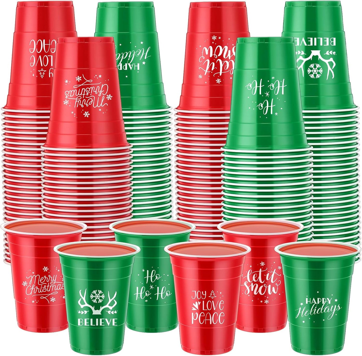Sliner 180 Pcs 16 oz Christmas Plastic Disposable Cups Bulk Snowflake Elk Star Christmas Tree Drinking Cups for Xmas Birthday Party Supplies (Red,Green)