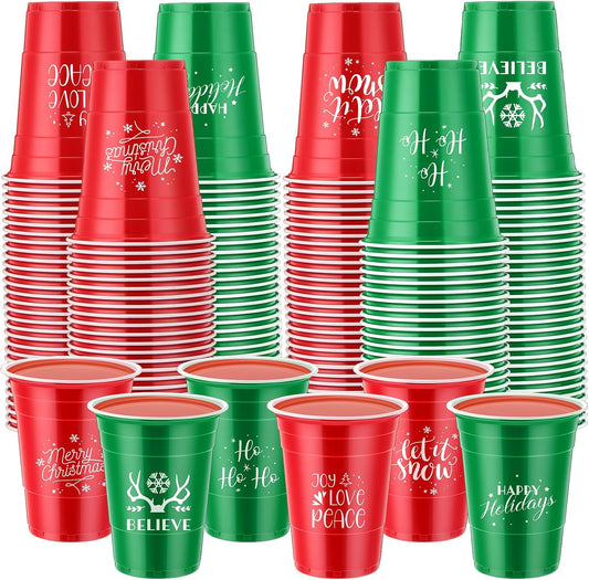 Sliner 180 Pcs 16 oz Christmas Plastic Disposable Cups Bulk Snowflake Elk Star Christmas Tree Drinking Cups for Xmas Birthday Party Supplies (Red,Green)