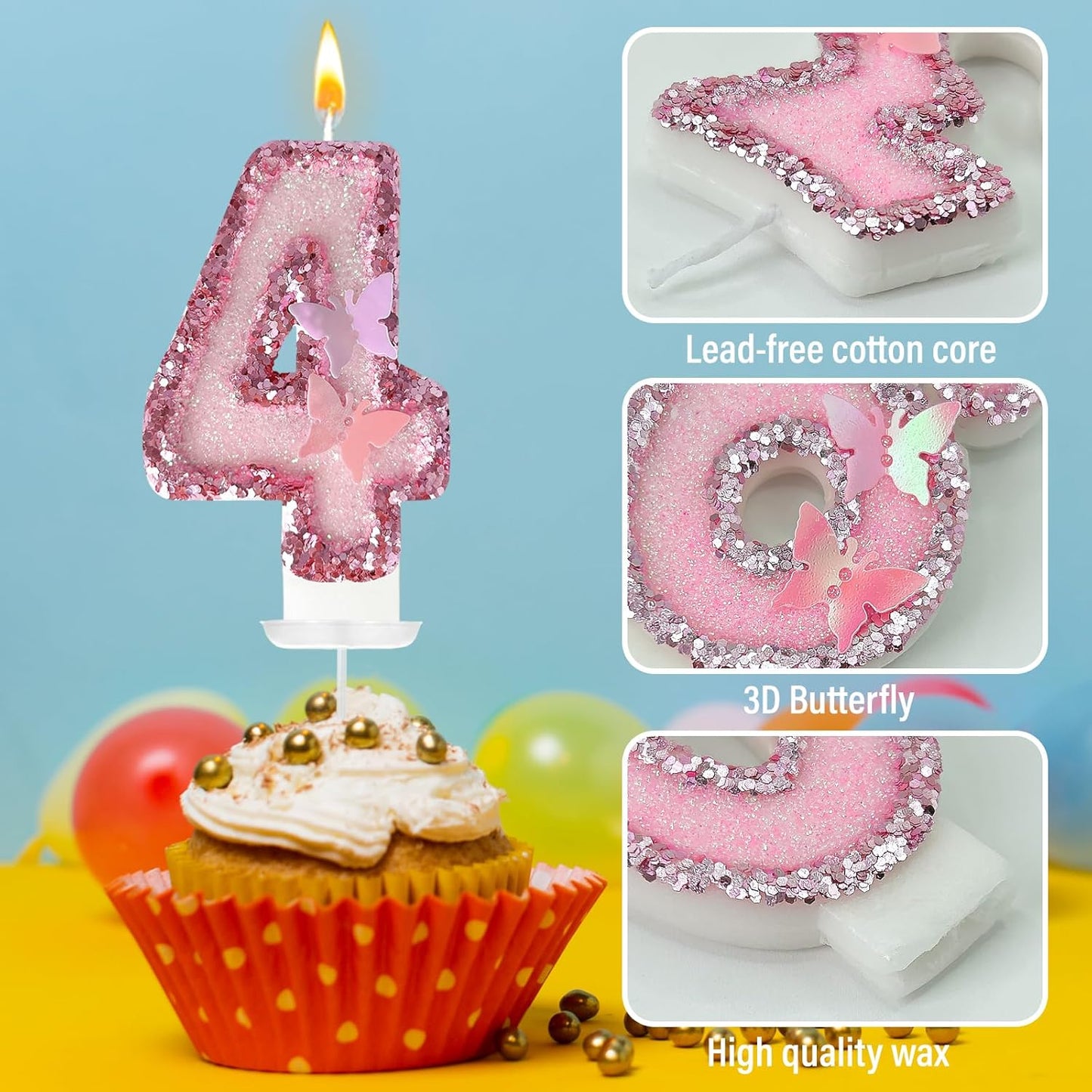 4th Birthday Candles，Glitter Butterfly Cake Toppers Pink Sequins Wedding Numeral Cupcake Decorations，Suitable for Girl and boy Wedding Cakes, Party Celebrations, Birthday Decorations