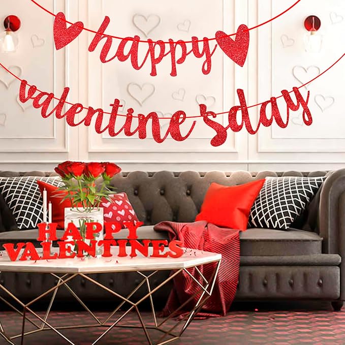 Glitter Happy Valentines Day Banner, Pre-Assemble Valentines Day Banners, Red Valentine's Day Sign with Heart for Valentine Home, Office, Fireplace, Wall and Party Decorations