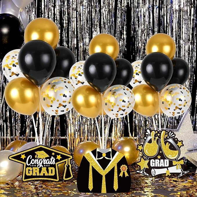 6 Sets Black Gold Graduation Balloon Stand Kit for Table Decorations Class of 2025 Congrats Grad Table Centerpiece Grad Prom Themed Decoration for Grad School & College Ceremonies Party Supplies
