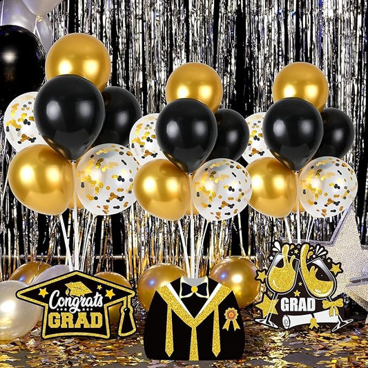 6 Sets Black Gold Graduation Balloon Stand Kit for Table Decorations Class of 2025 Congrats Grad Table Centerpiece Grad Prom Themed Decoration for Grad School & College Ceremonies Party Supplies