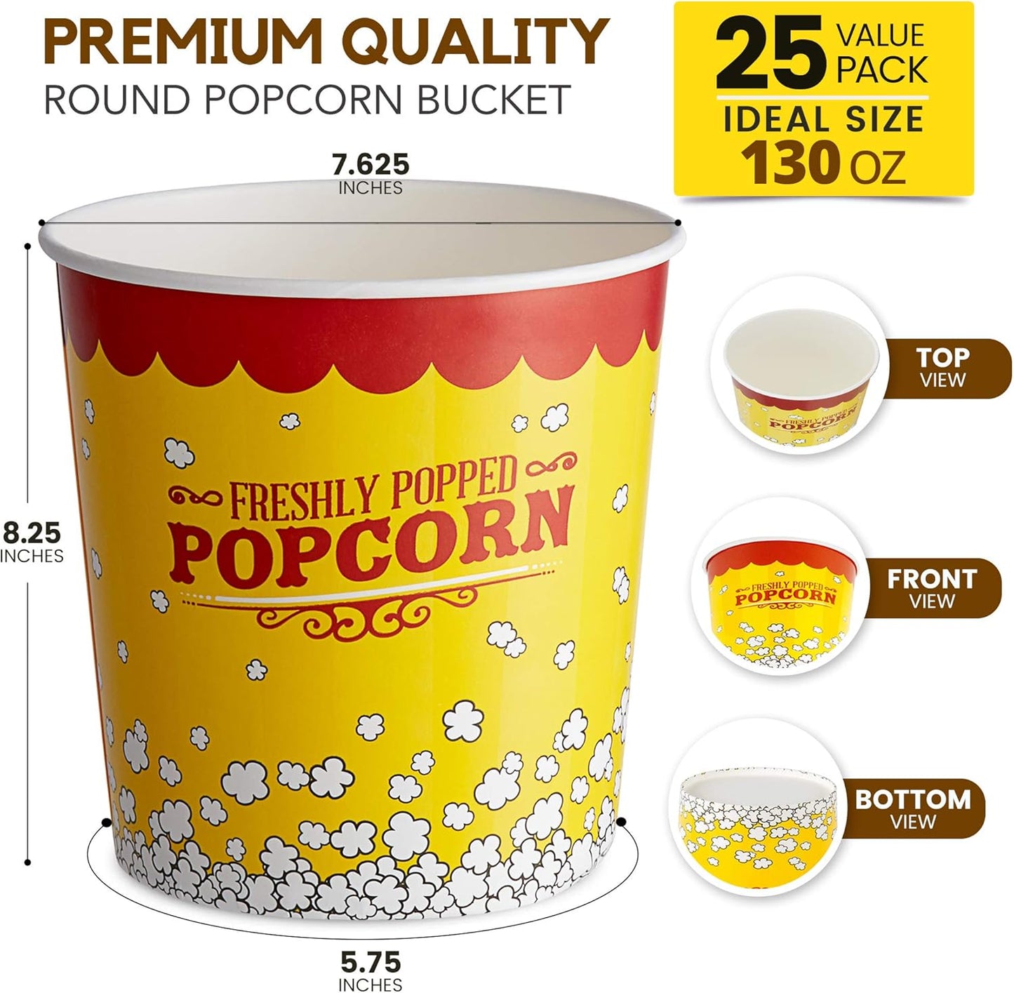 Fit Meal Prep 25 Pack Large Popcorn Buckets Disposable, 130 Oz Yellow and Red Paper Popcorn Containers Tubs for Home and Theater Movie Night