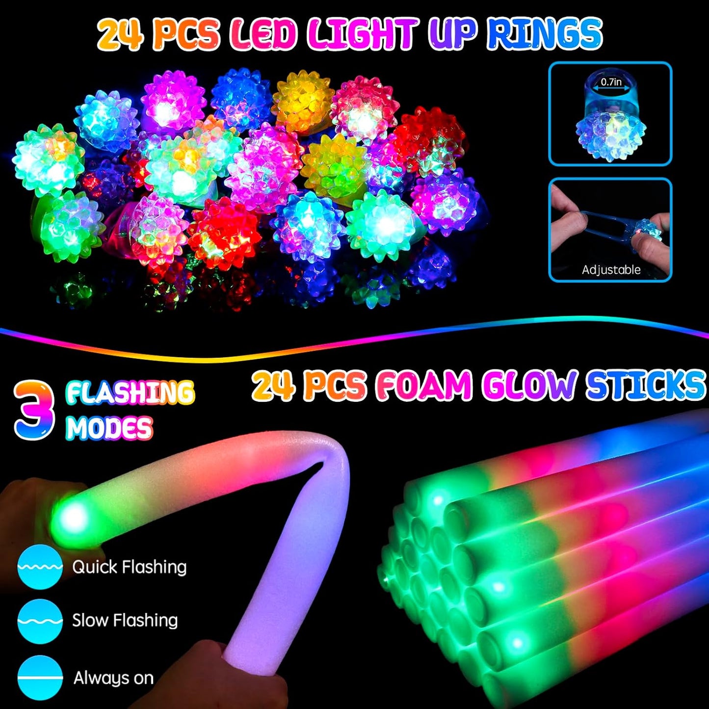 272PCS Glow in the Dark Party Supplies, Party Pack Bulk , 24PCS Foam Glow Sticks & LED Glasses, 24PCS LED Light Up Rings and 200PCS Glow Sticks for Neon Party Decorations, halloween party favors