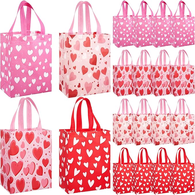 Wesnoy 24 Pcs Valentine's Day Tote Bags Bulk with Handle Heart Reusable Treat Gift Bags Non Woven Gift Wrap for Valentine's Day Wedding Birthday Party Favor Supplies