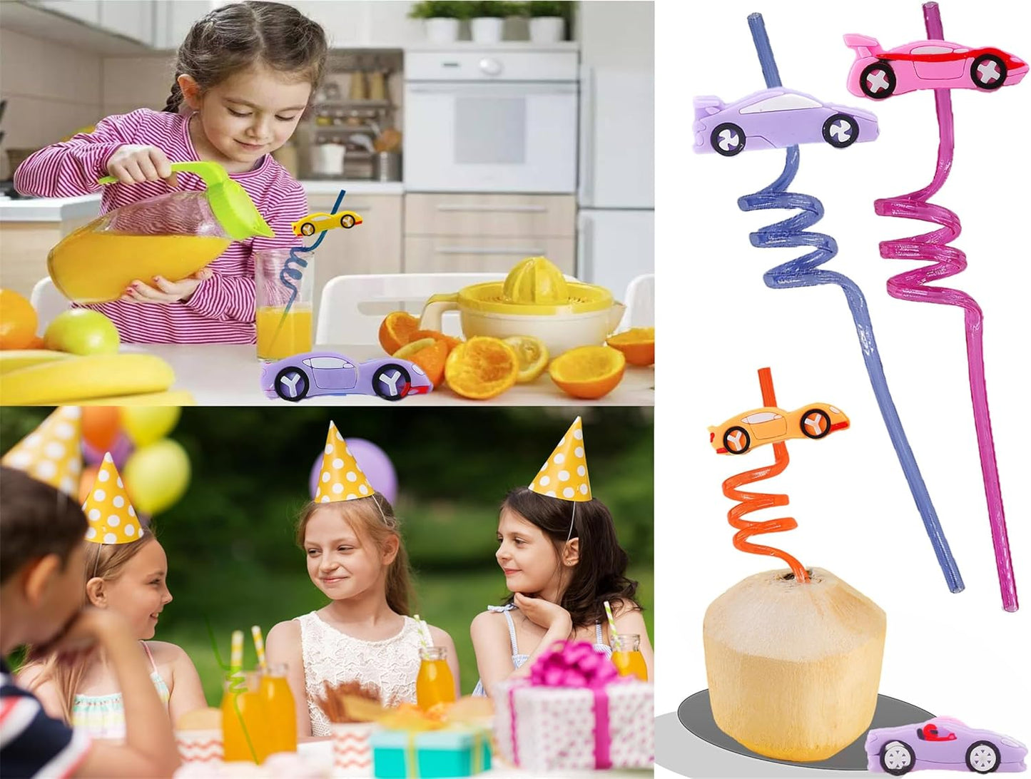 24 Packs Race Car Bulk Reusable Plastic Straws Birthday Party Favors, Theme Curly Drinking Straws Party Supplies