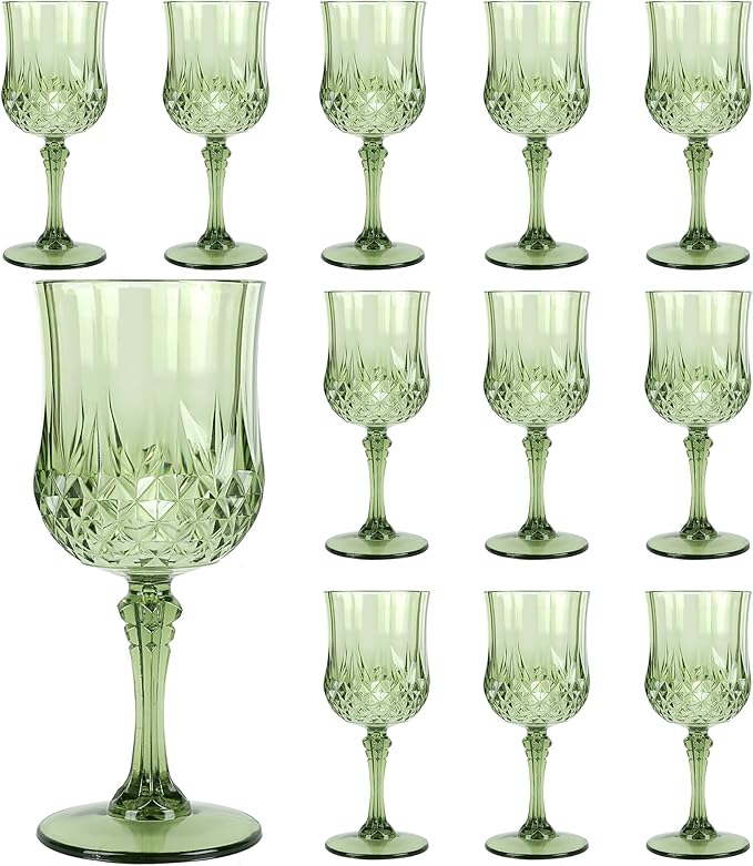 Plastic Wine Glasses, Plastic Goblets Vintage Style Cordial Unbreakable Drinking Glasses, Reusable Drinkware for Wedding Reception, Grand Event Party Supplies, Easter (12, New Green)