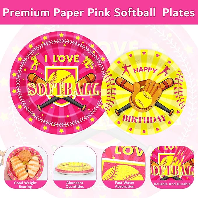 96Pcs Softball Party Supplies Softball Theme Paper Plates Napkins Softball Party Decorations Pink Softball Dinnerware Party Favor Girl Birthday Party Tableware Serves 24