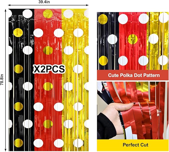 2 Packs Red Black Yellow Foil Fringe Curtain, Mouse Polka Dots Glitter Metallic Tinsel Backdrop for Birthday Baby Shower Cartoon Mouse Party Decorations Supplies