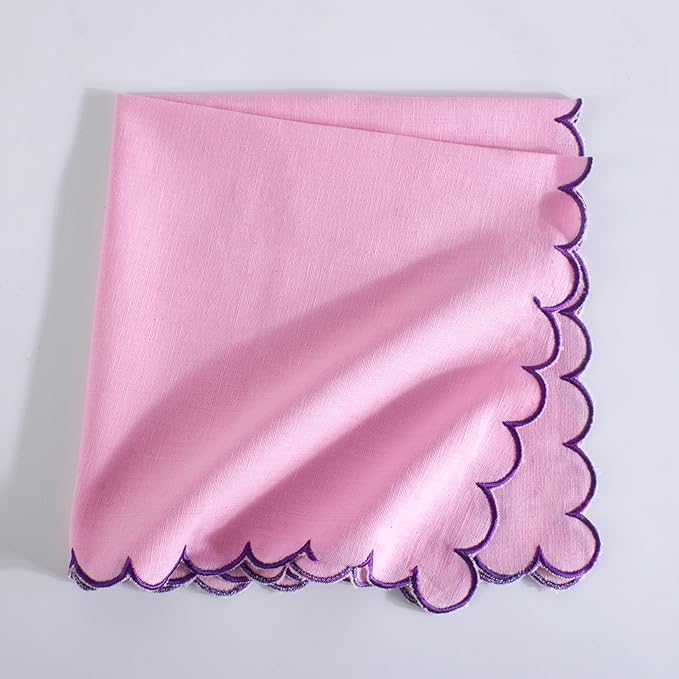 FINGERCRAFT Cloth Napkins, Everyday Use Reversible Scallop Design, Premium Quality Cotton Linen Blend Napkin Set of 6 Perfect for Parties Dinners Weddings Easter Napkin Cloth 20x20 Inch Pastel Rose