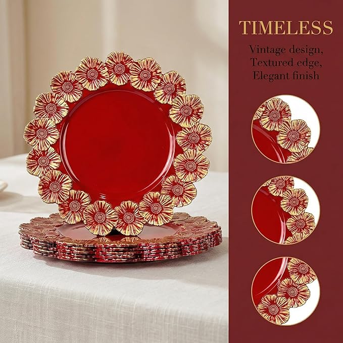 Red Charger Plates with Flower Rim, 13" Round Charger for Dinner Plates, Set of 6 Plastic Plate Chargers for Halloween, Thanksgivng, Christmas.