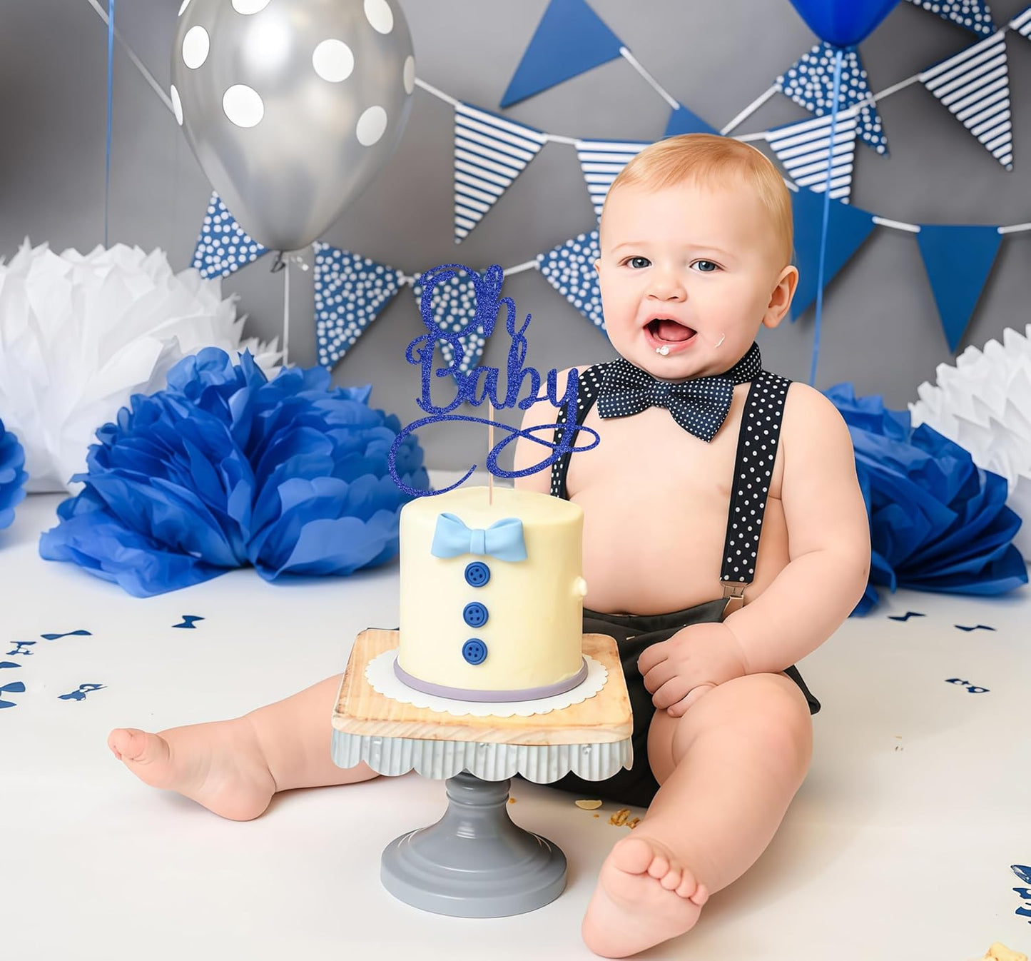 Oh Baby Cake Topper - Royal Blue Glitter Baby Birthday Party Cake Decoration Supplies, for Baby Shower/Gender Reveal Party Photo Booth Props