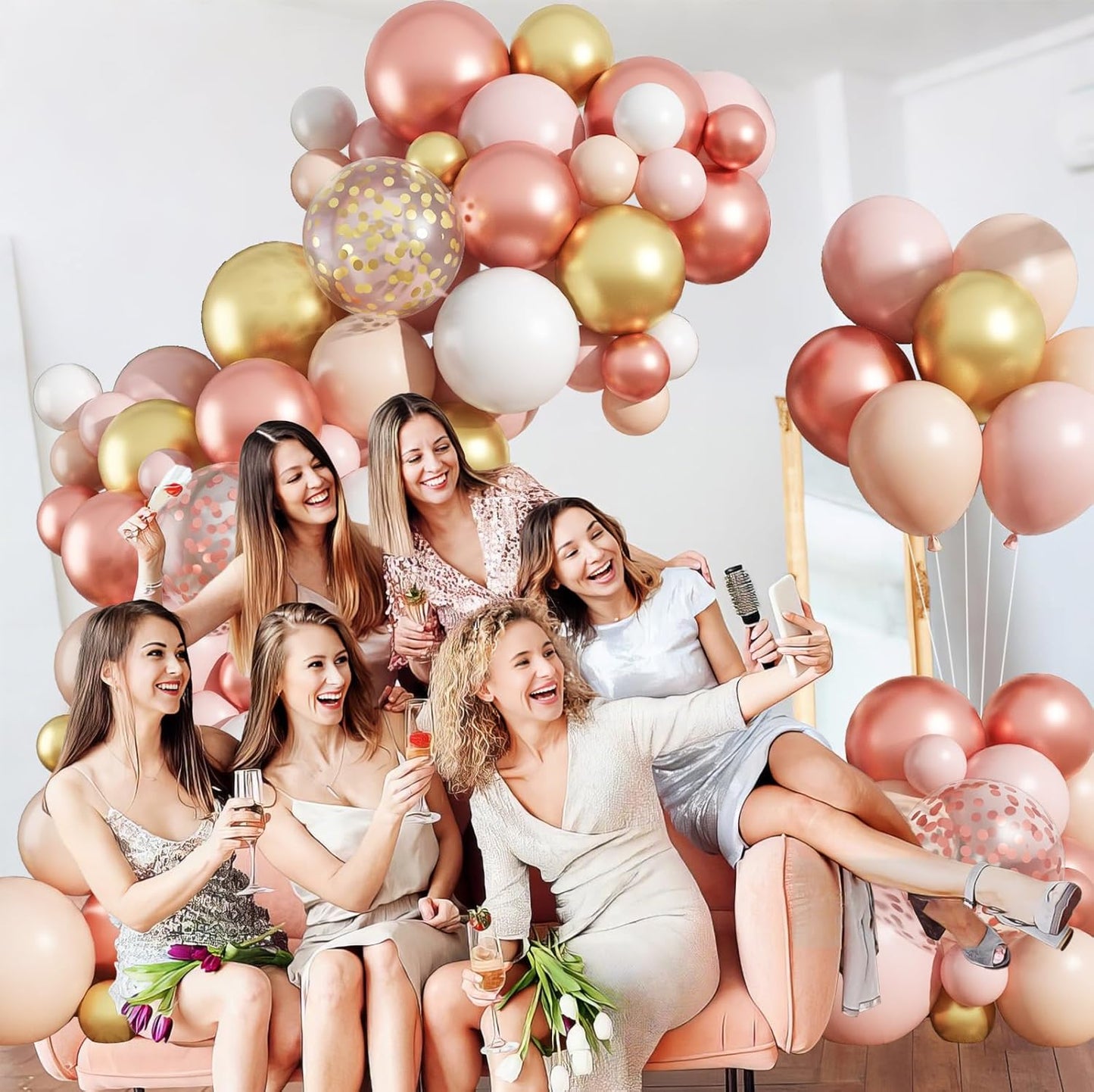 Rose Gold Balloon Arch Kit Nude Light Pink Gold Confetti Party Balloon Garland Metallic Pink White Pastel Orange Balloons for Women Princess Baby Shower Bridal Wedding Brithday Party Decor
