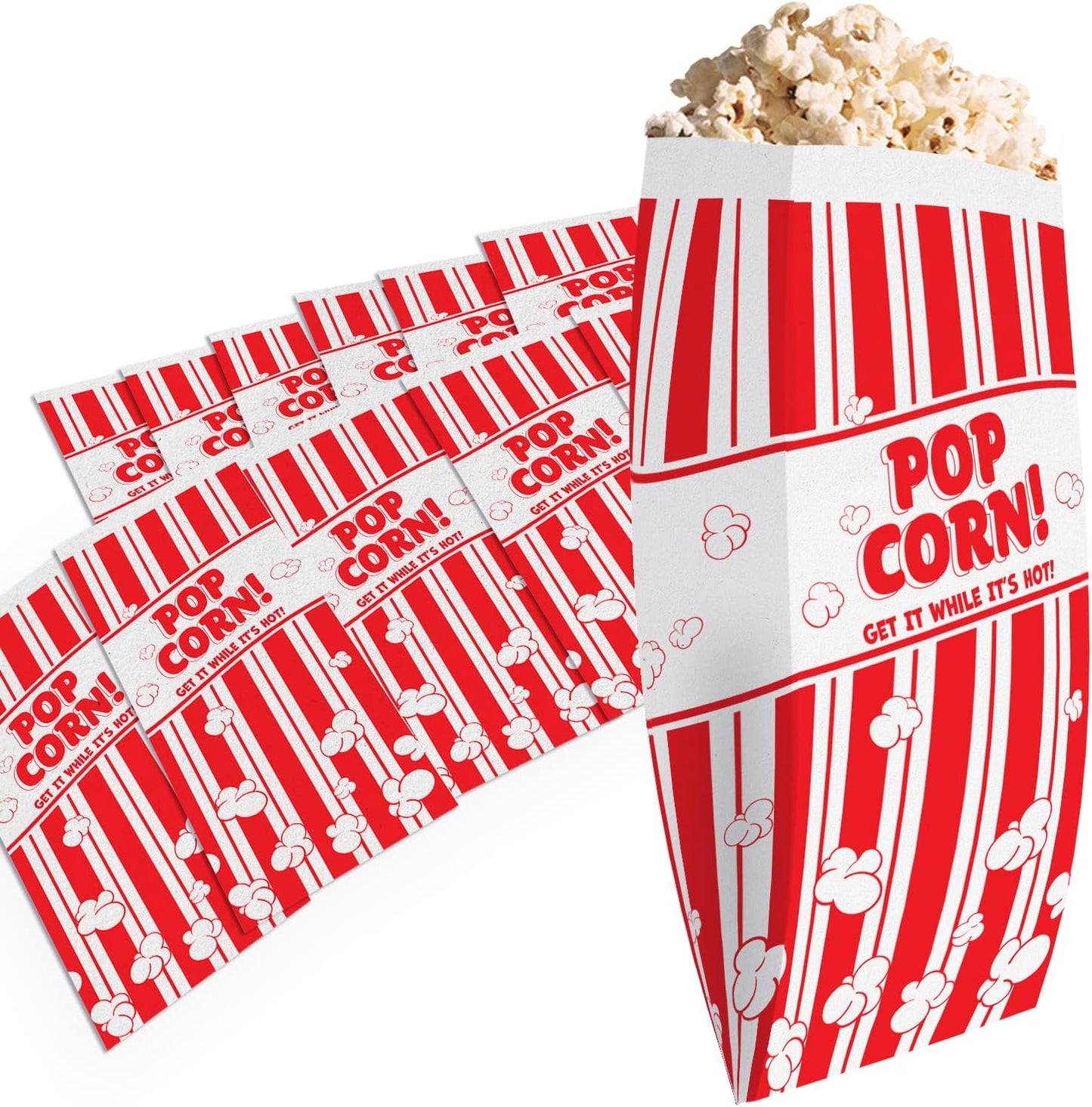 Leak-proof Grease Resistant Retro Popcorn Bags 100 pack Single Serving 1oz Paper Sleeves in Nostalgic Red/White Design Movie Theme Party and Old Fashioned Carnivals & Fundraisers Old School Supplies