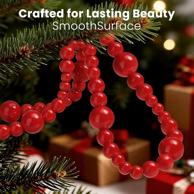 2PCS Christmas Wood Beads Garland 24 Feet Wooden Bead Garland Boho Ornaments for Christmas Tree, Xmas Vintage Rustic Farmhouse Round Craft Bead Hanging Holiday Decorations(Red)
