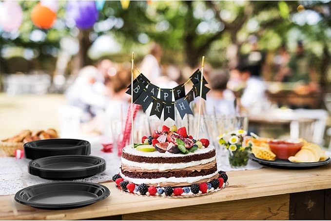 Party Solids Black Plastic Plates For Party Supplies, Black Disposable Plates 100 Pieces - 50-7" & 50-9" Heavy Duty 350 GSM Disposable Dinnerware Sets, Plastic Dinnerware Sets