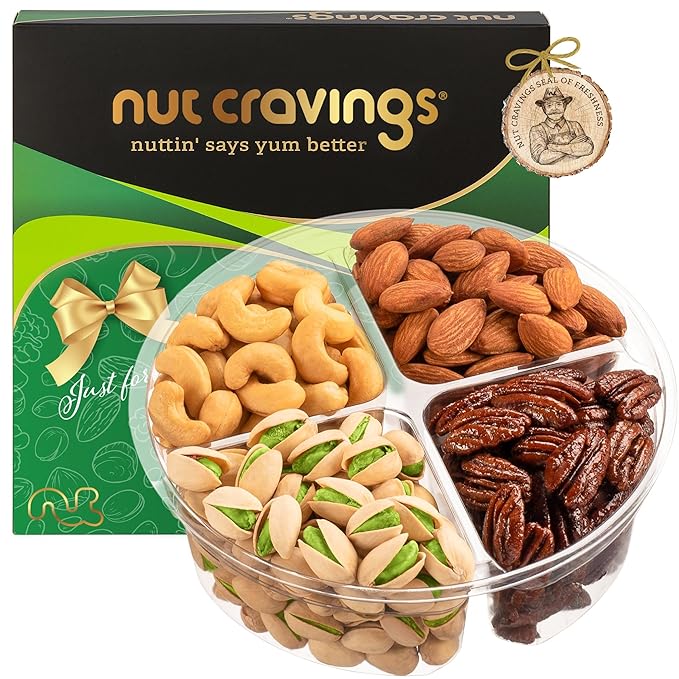 NUT CRAVINGS - Halloween Treats For Adults Mixed Nuts Gift Basket in Green Gold Box (4 Assortments) Holiday Xmas Christmas Food Arrangement, Healthy Snack Care Package, Food Assortments