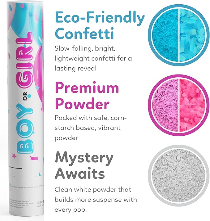 TUR Party Supplies Gender Reveal Roulette Game Kit (Blue, Pink & White) Fool Proof Confetti & Powder Cannons | 100% Biodegradable | 12 inch | Party Poppers for Boy or Girl Baby Shower Decorations
