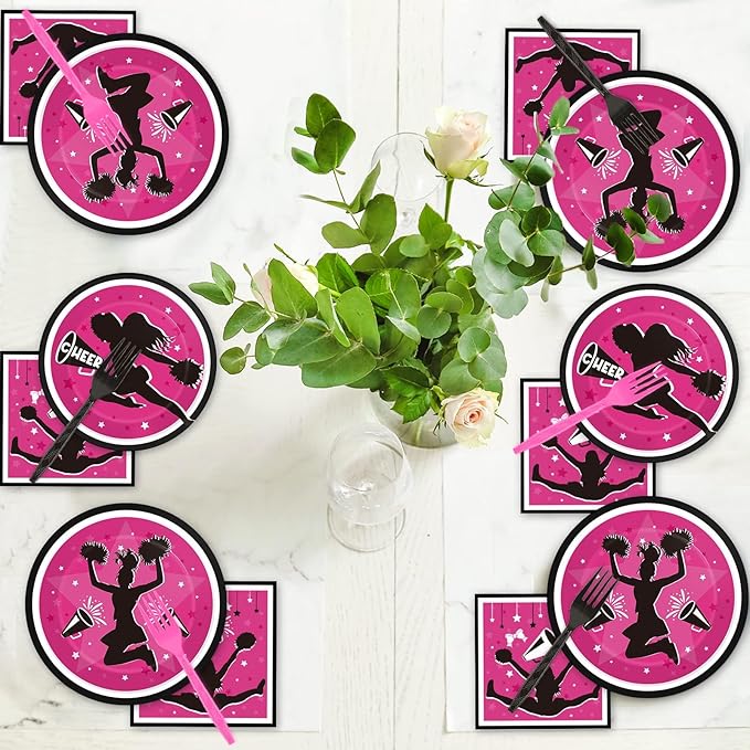 OBUSATT 96Pcs Cheerleader Party Supplies Cheerleading Paper Plates Napkins Gymnastics Party Decorations Girls' Birthday Dinnerware Party Favor Tableware Serves 24