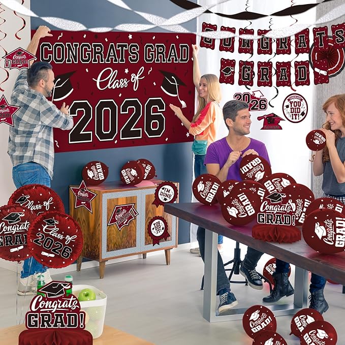 Maroon Themed 2026 Graduation Decorations Set - Congrats Grad Banner, Class of 2026 Backdrop, Balloons & Streamers Kit - Complete Party Supplies for High School & College Celebrations