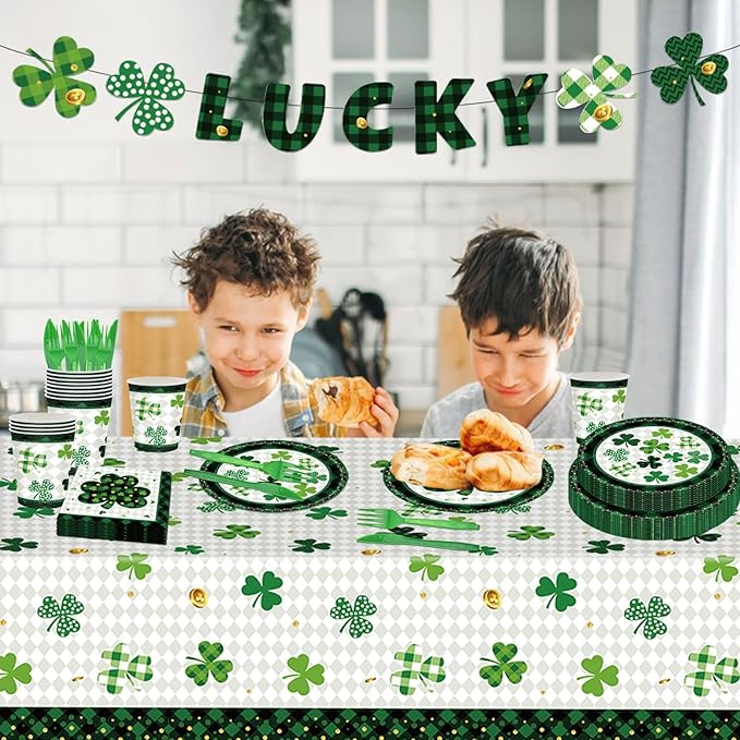 98PCS St Patrick's Day Party Supplies Green Irish Shamrock Tableware Set Lucky Shamrock Birthday Party Supplies St Patrick's Day Party Decorations Irish Shamrock Paper Plates and Napkins for 16 Guests