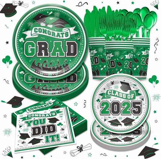 Graduation Decorations Class of 2025 - Graduation Party Supplies 2025 Include Plates, Cups, Napkins, Cutlery, 24 Guests (Green)