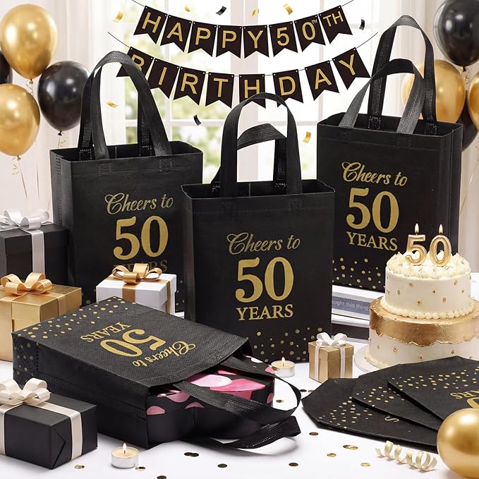 Supervitae 24 Cheers to 50 Years Gift Party Bags Medium Black and Gold Party Decoration Supplies Reusable Non Woven Totes for Birthday Anniversary Wedding Favor(9.8" x 7.9" x 3.9")