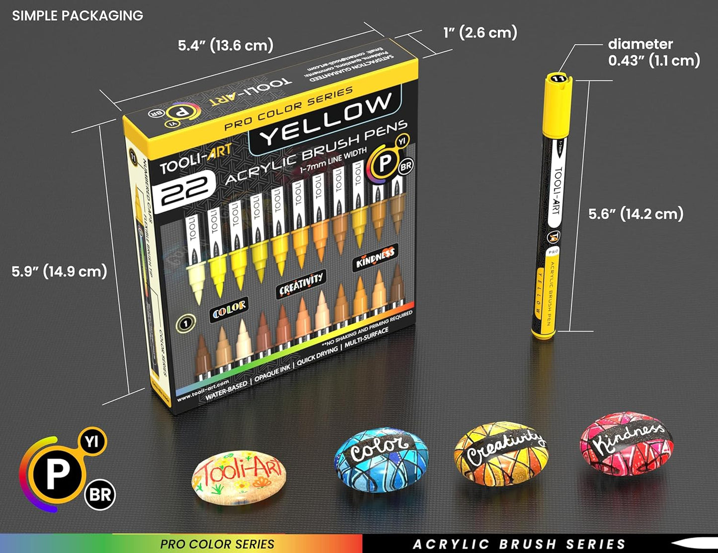22 Flexible Brush Tip Acrylic Paint Pens Markers Set 1-7mm Line for Rock Painting, Brush Lettering, Glass, Mugs, Wood, Metal, Canvas, Fabric, Plastic. Non Toxic Waterbased Quick Drying Assorted Yellow