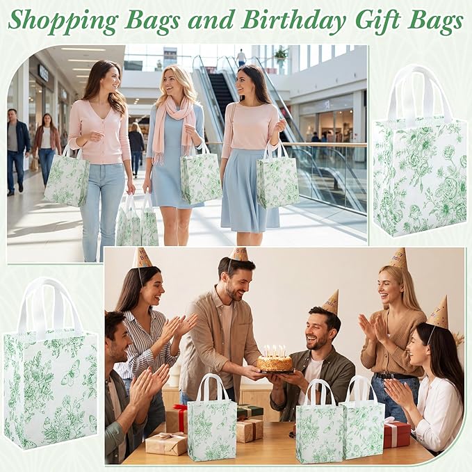 Wovnet 30 Pcs Green Floral Gift Bags Bulk Reusable Non Woven Vintage Floral Tote Treat Goodie Candy Bags with Handle Spring Flowers Party Favors Pouch for Holiday Wedding Party Decor 10 x 8 x 4 Inch