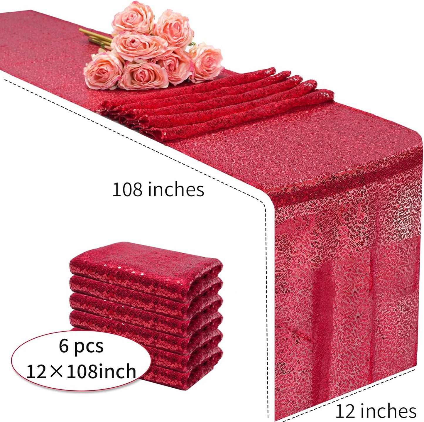 12x108 inch Red Sequin Table Runner Sparkly Glitter Table Linens 6 Packs for Party Decorations Wedding Birthday Baby Shower Engagement Anniversary