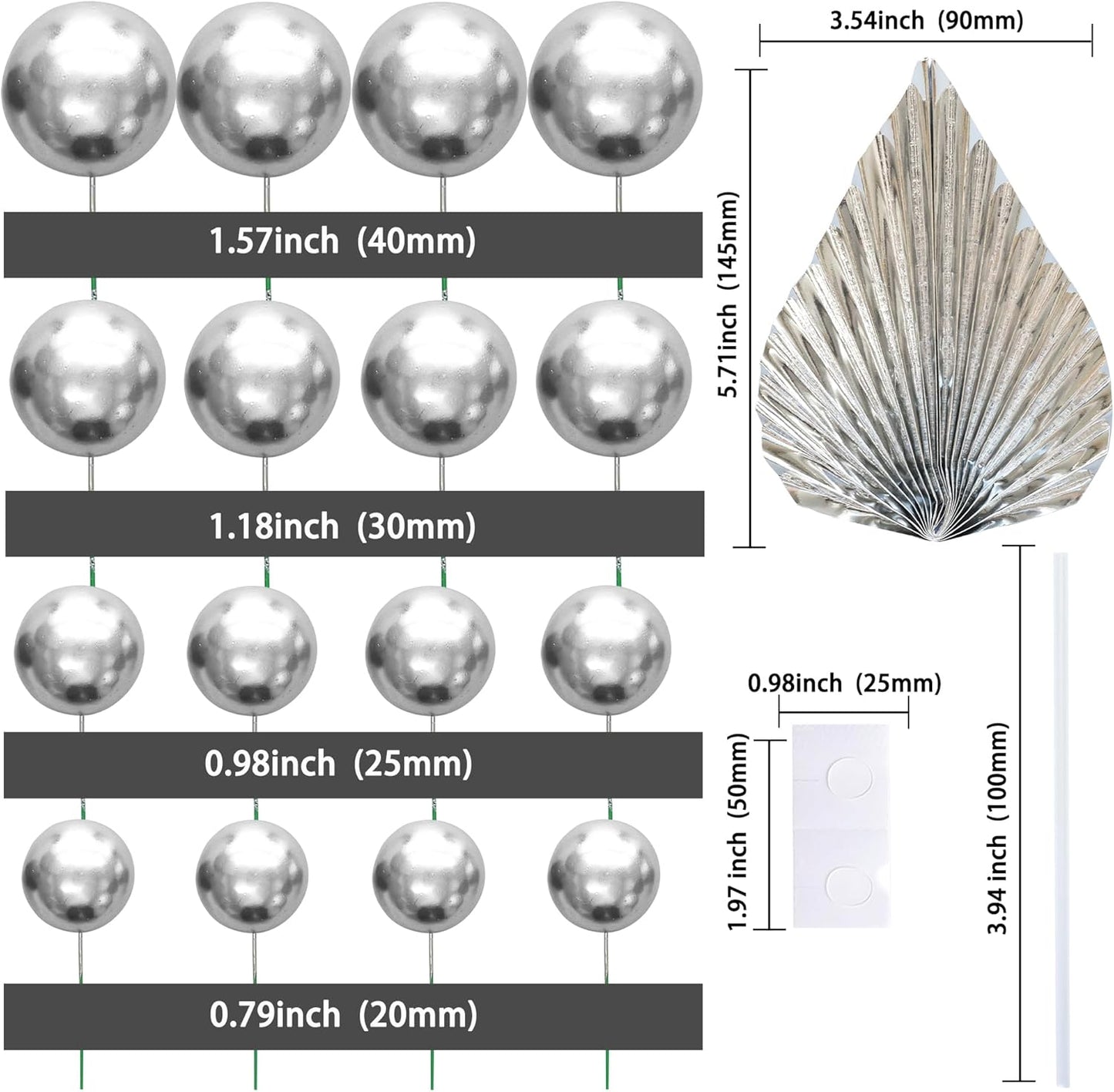Ephlyn 28Pcs Paper Palm Fan Cake Topper Balls Cake Pick for Baby Shower Wedding Bridal Shower Birthday Party DIY Party Cake Decorations Supplies Silver