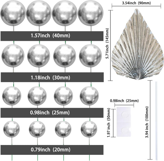 Ephlyn 28Pcs Paper Palm Fan Cake Topper Balls Cake Pick for Baby Shower Wedding Bridal Shower Birthday Party DIY Party Cake Decorations Supplies Silver