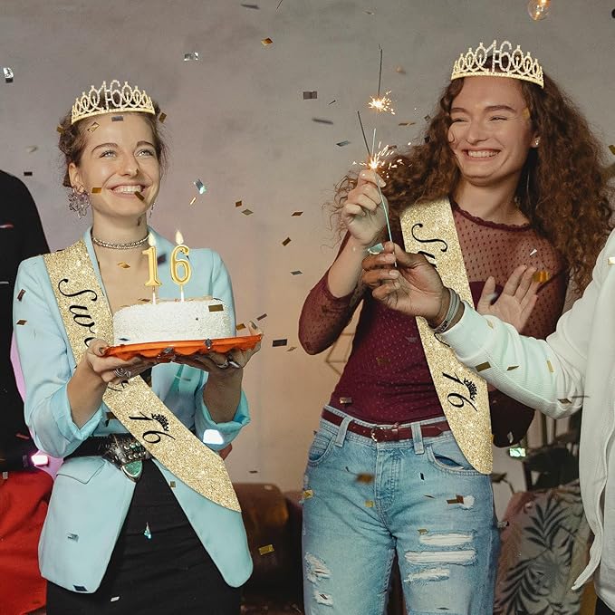 Sweet 16 Party Decorations for Girls with Sweet 16 Sash Gold, Rhinestone 16th Birthday Tiara, 16 Candles Gold, 16th Birthday Gifts for Girls