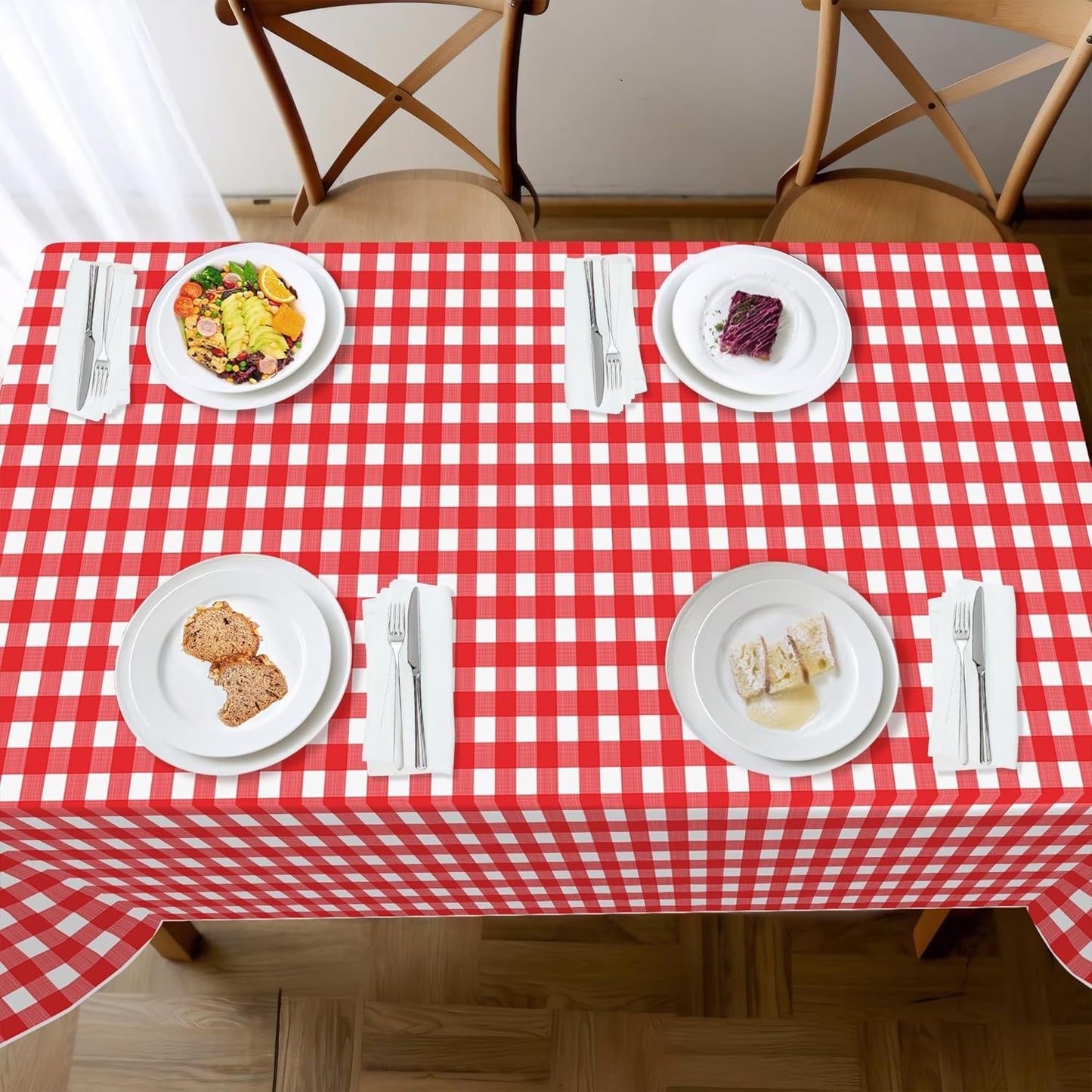 Childom 3 Pack Red and White Checkered Tablecloths 54"x108" Christmas Tablecloths for Rectangle,Disposable Plastic Table Cover for Weddings,Home,Birthday,Picnic,Buffet,Pizza Party,Racing Car Decors