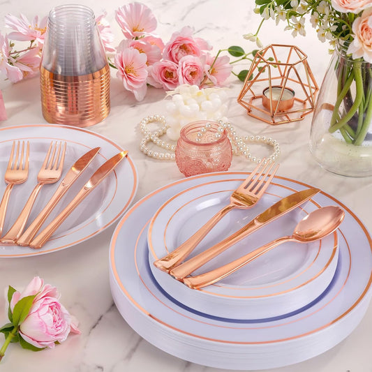 WELLIFE 150 PCS Rose Gold Disposable Dinnerware Set for 25 Guests, Valentine's Day Plate, 25 Dinner & Salad Plates, Cups, Forks Knives Spoons for Wedding Reception and Mothers Day Plates