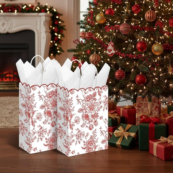 Kolldenn 24 Pcs Red Floral Party Favor Bags with Handles 10 x 5 x 13 Inch Large Scalloped Wildflower Goodie Candy Gift Treat Bags for Birthday Decoration for Bridal Baby Shower Party Supplie
