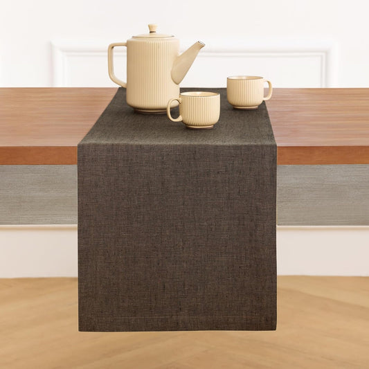 Solino Home Linen Table Runner 36 Inches - 100% Pure Linen Chambray Brown Table Runner 14 x 36 Inch Ideal for Dresser and Coffee Tables - Fall, Autumn, Thanksgiving - Athena
